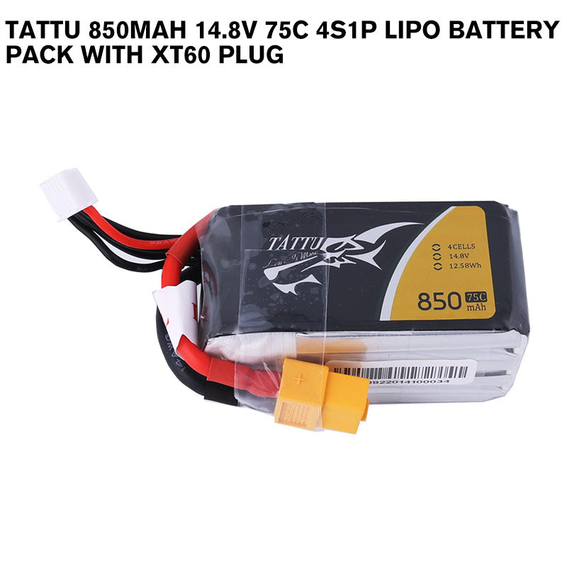 Tattu 850mAh 14.8V 75C 4S1P Lipo Battery Pack With XT60 Plug Tattu 850mAh 14.8V 75C 4S1P Lipo Battery Pack With XT60 Plug